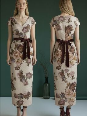 Adrianna Papell Cream Floral Maxi Dress with Plum Satin Tie